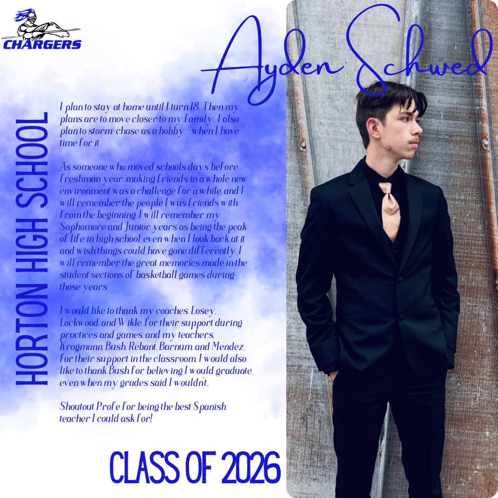 A young man stands in a black suit and tie against a blue background. Text details his achievements and aspirations.