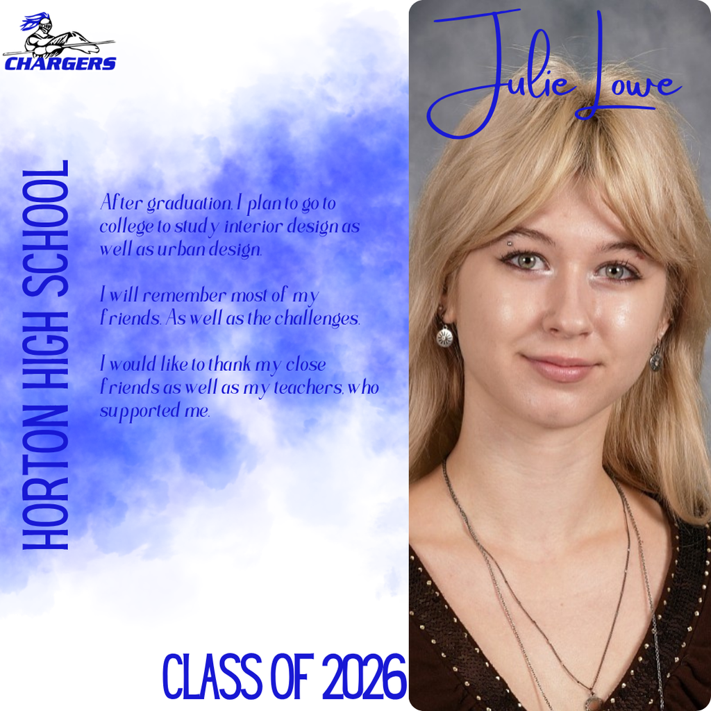 Photo of Julie Lowe, a student from Horton High School, Class of 2026. She is smiling, wearing a necklace and earrings.