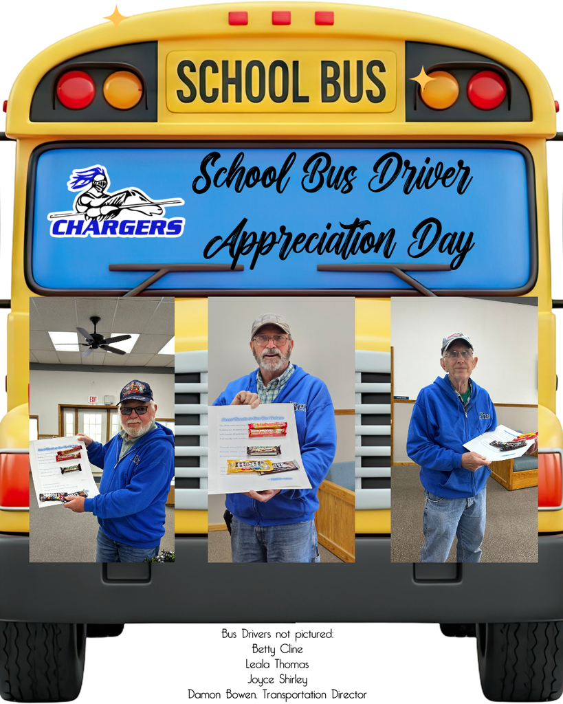 A collage of three men holding booklets stands before a school bus. Blue sign reads "School Bus Driver Appreciation Day."
