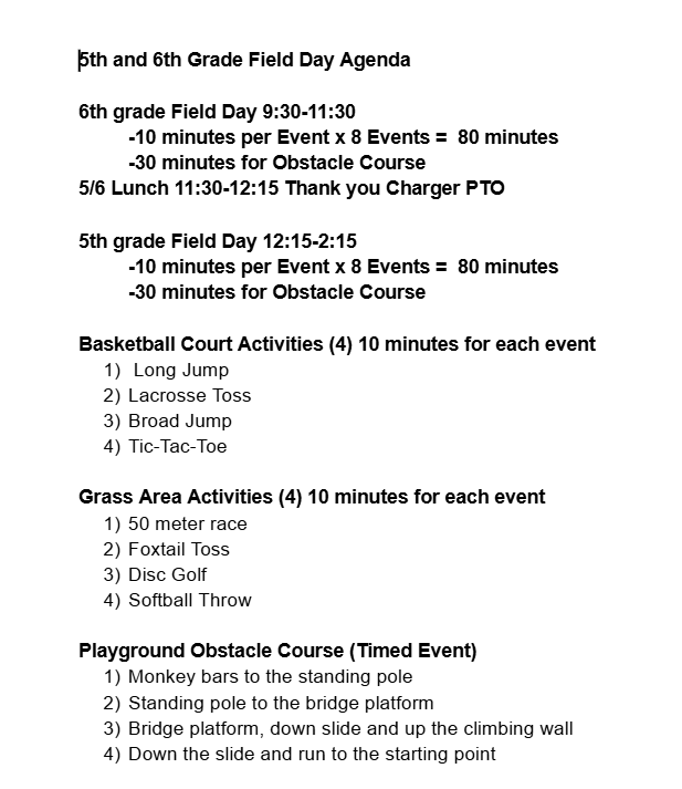 5/6 Field Day Order of Events