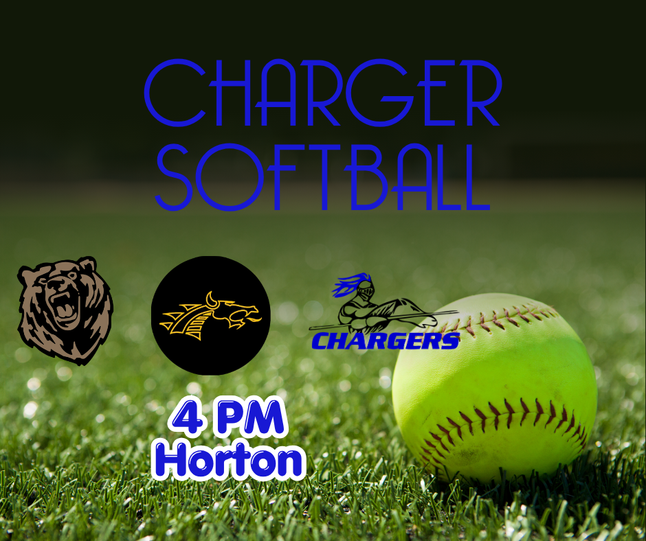 Softball game scheduled for 4 PM, featuring Charger team, with a yellow ball, team logos, and grass background.