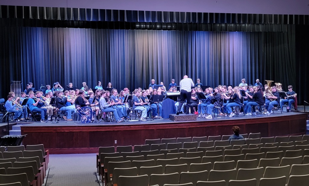 A group of musicians playing instruments on a stage with blue curtains and a director in front.