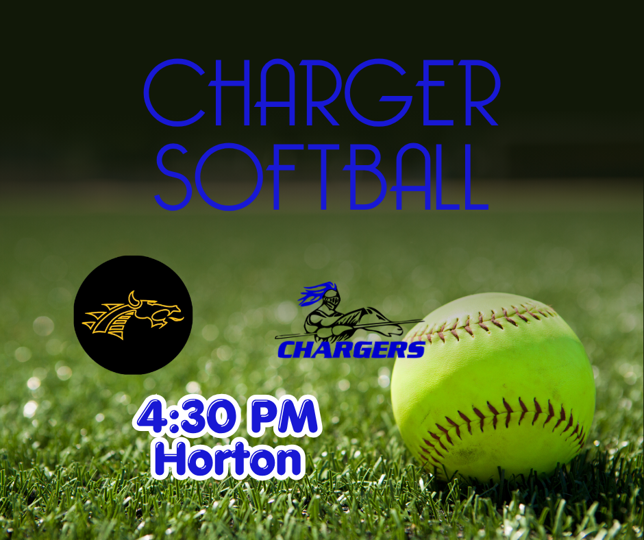 Text reads "CHARGER SOFTBALL" above a softball on green grass. A Charger logo is at left and a mascot logo at right.
