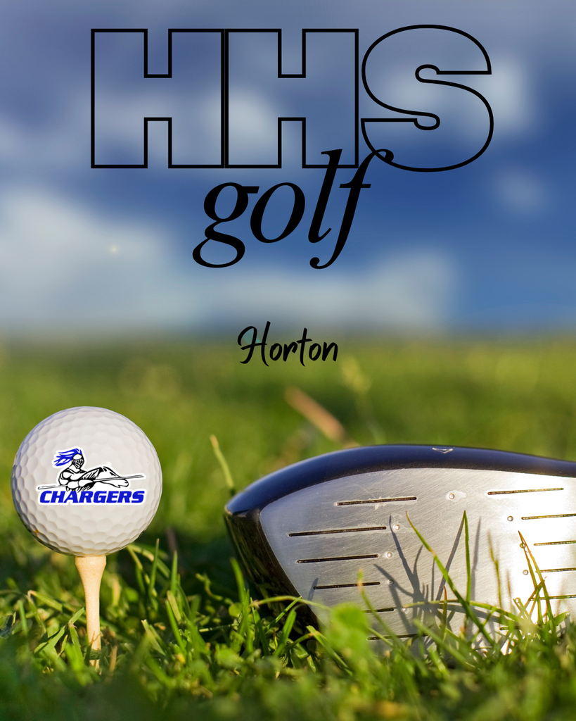 A golf ball sits on a tee with a golf club behind it. Overlaid text reads "HHS golf" and "Horton".