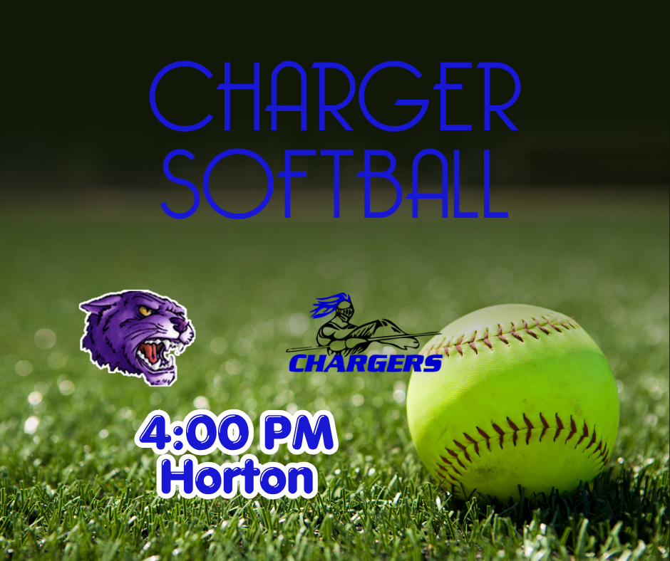 A softball sits on grass. Text reads "CHARGER SOFTBALL 4:00 PM Horton" with Charger logo and panther logo.