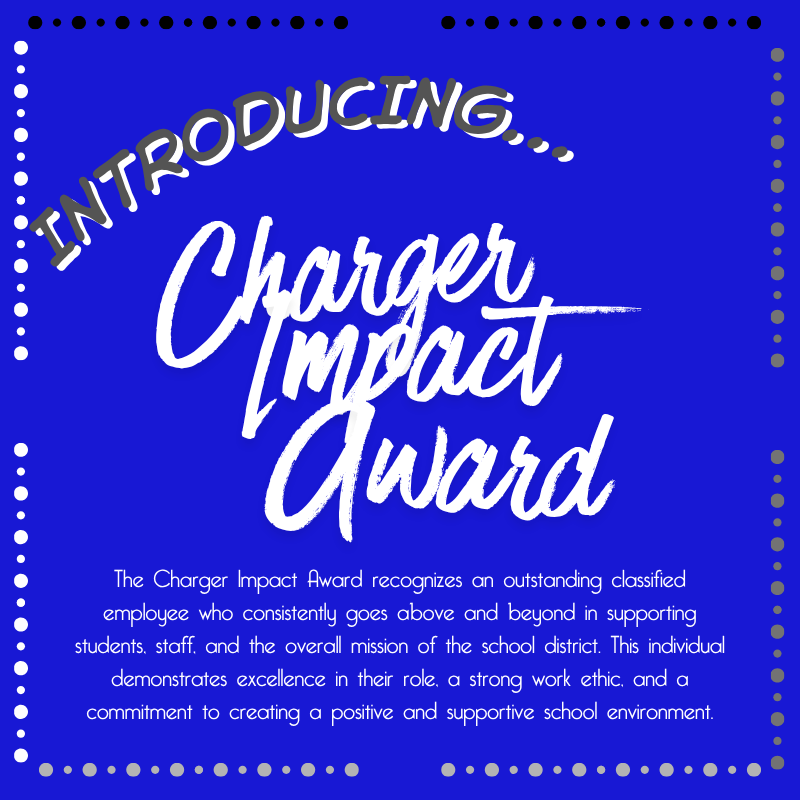 Blue background with white and silver polka dots. "Introducing Charger Impact Award" in white cursive. White text describes award criteria.