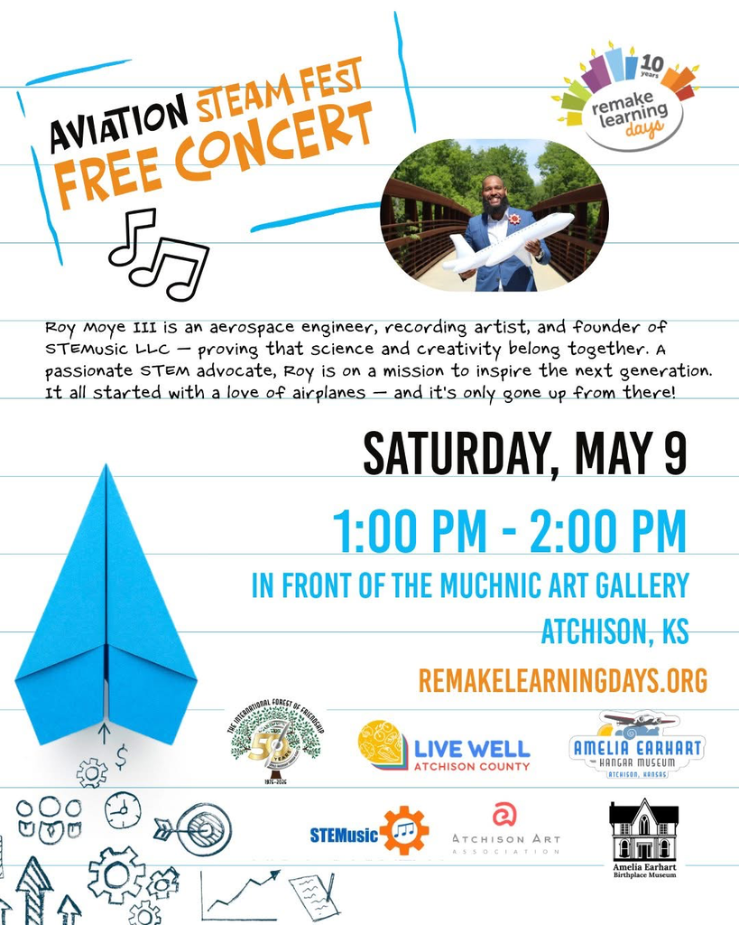Event flyer with "Aviation Steam Fest Free Concert" text, an adult holding a model airplane, and logos for sponsors.