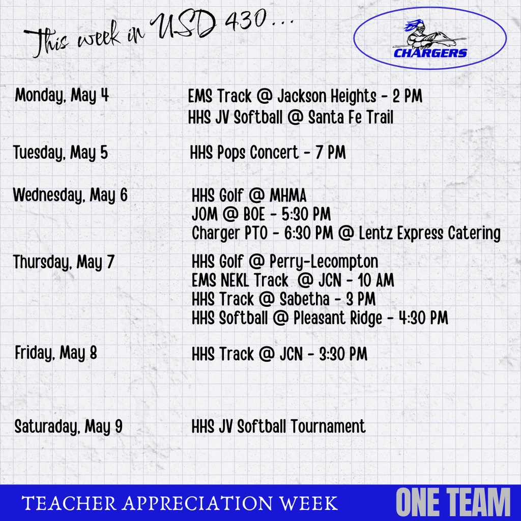 A white page displays events in a grid format, labeled "This week in USD 430." Activities include EMS Track and HHS JV Softball.