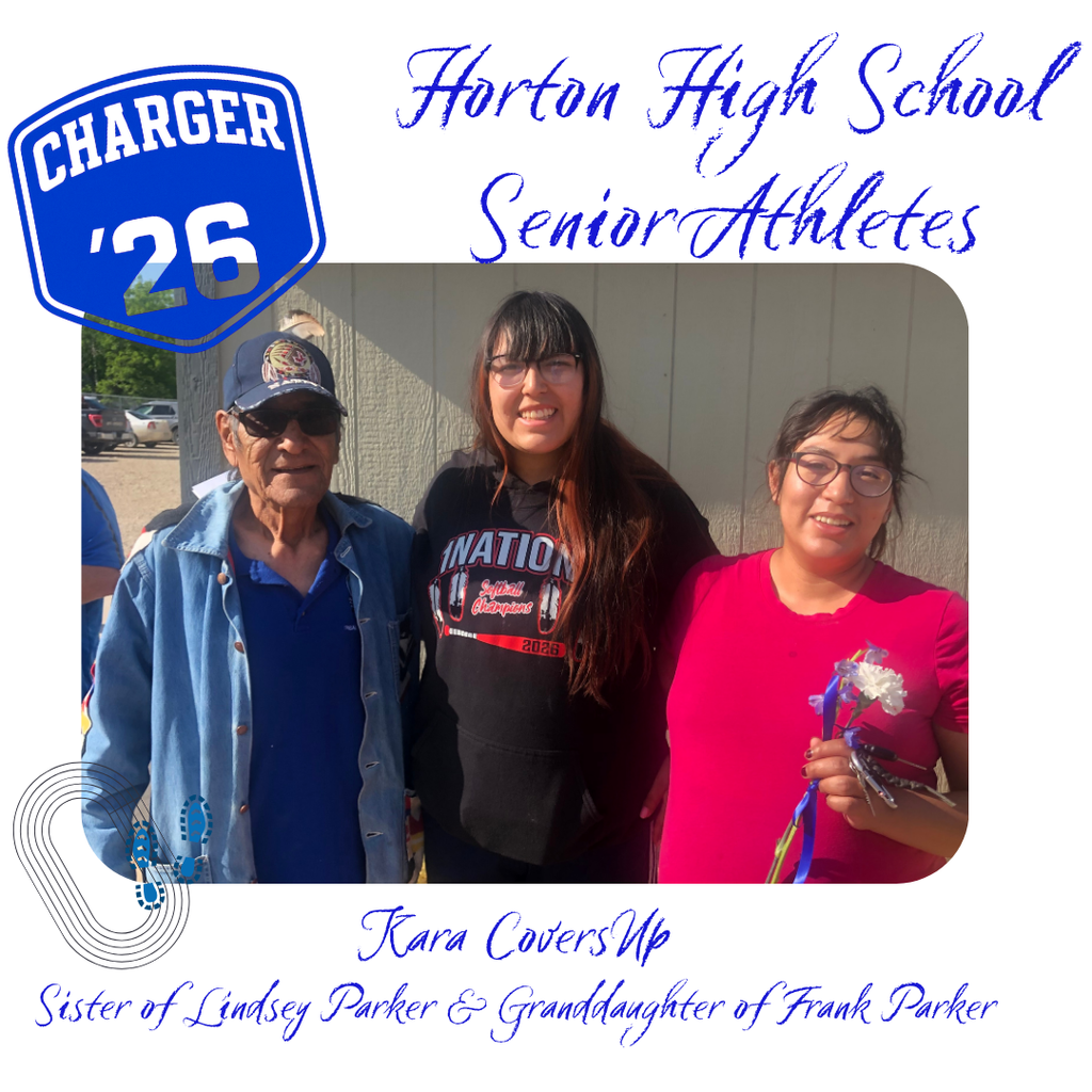 Three people pose against a gray wall with "CHARGER 26" and "Horton High School Senior Athletes" text.