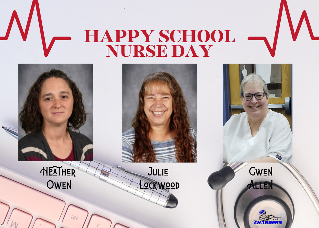 Three smiling women named Heather, Julie, and Gwen. Text reads "Happy School Nurse Day". Background has heartbeat lines.
