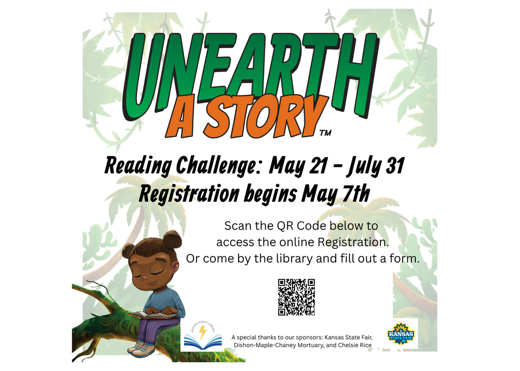 Poster for an Unearth a Story Reading Challenge. A child sits on a tree branch. Date May 21 - July 31.