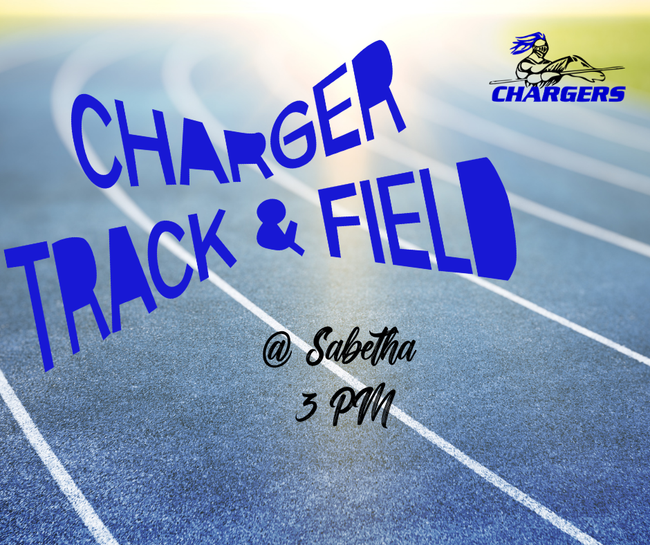 An athletic track with white lines on a blue background. Text reads "CHARGER TRACK & FIELD" and "3 PM" in blue.