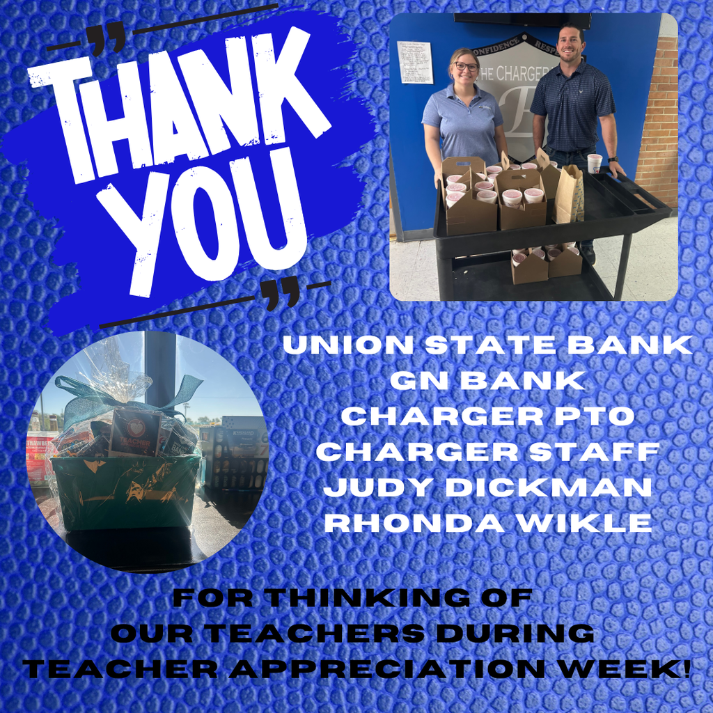 Blue background with "Thank You" in white letters. Two people in blue shirts standing with baskets. Names listed below.
