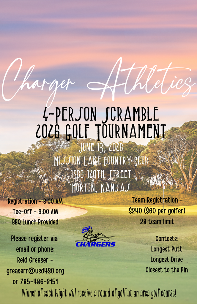 Golf tournament poster with trees, a green field, and a purple and orange sky. It reads "Charger Athletics 2026 Golf Tournament."