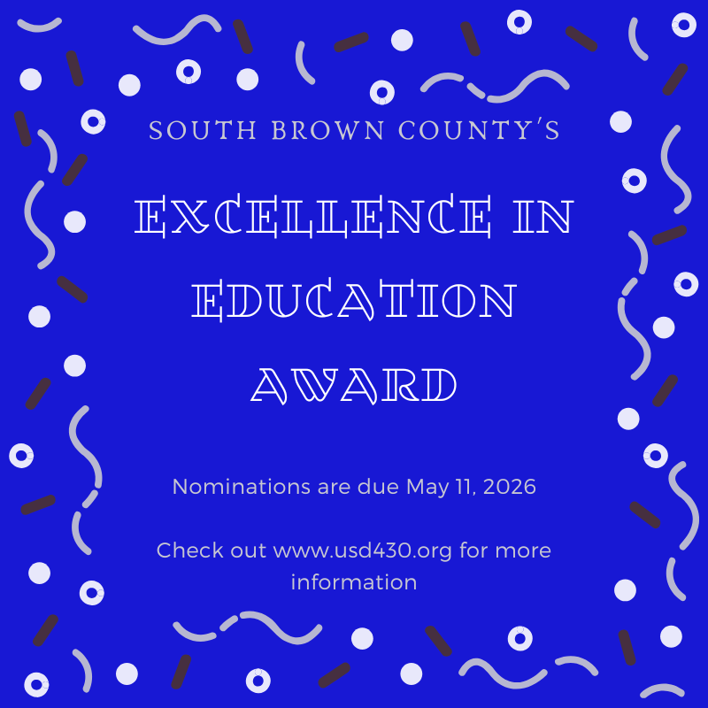 Blue background with white circles and brown squiggles. Text reads "Excellence in Education Award" and "Nominations due May 11, 2026."
