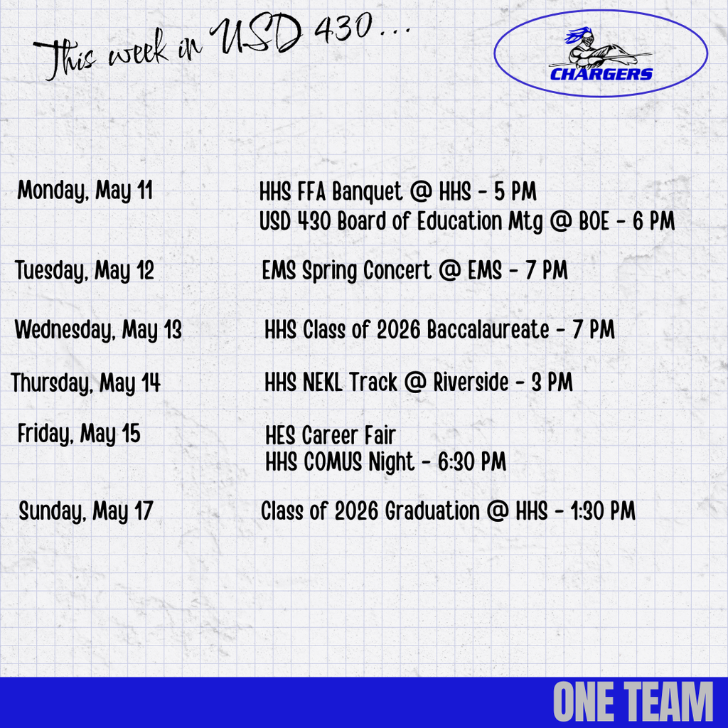 A page with a blue and white header reading "Chargers" and a week's schedule from May 11 to May 17.