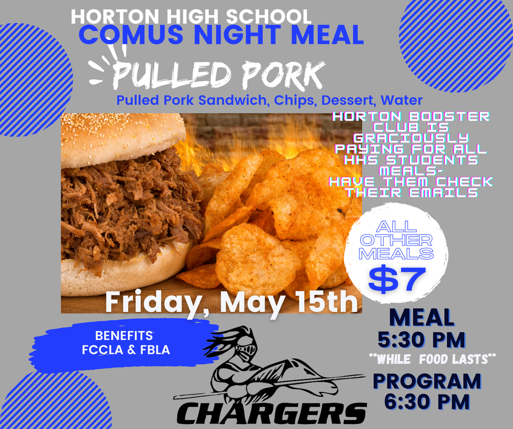 Details for Comus pulled pork meal on Friday, May 15 at 5:30