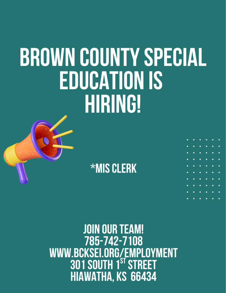 A green background displays a hiring ad for Brown County Special Education. A megaphone icon is present with contact details and an address.