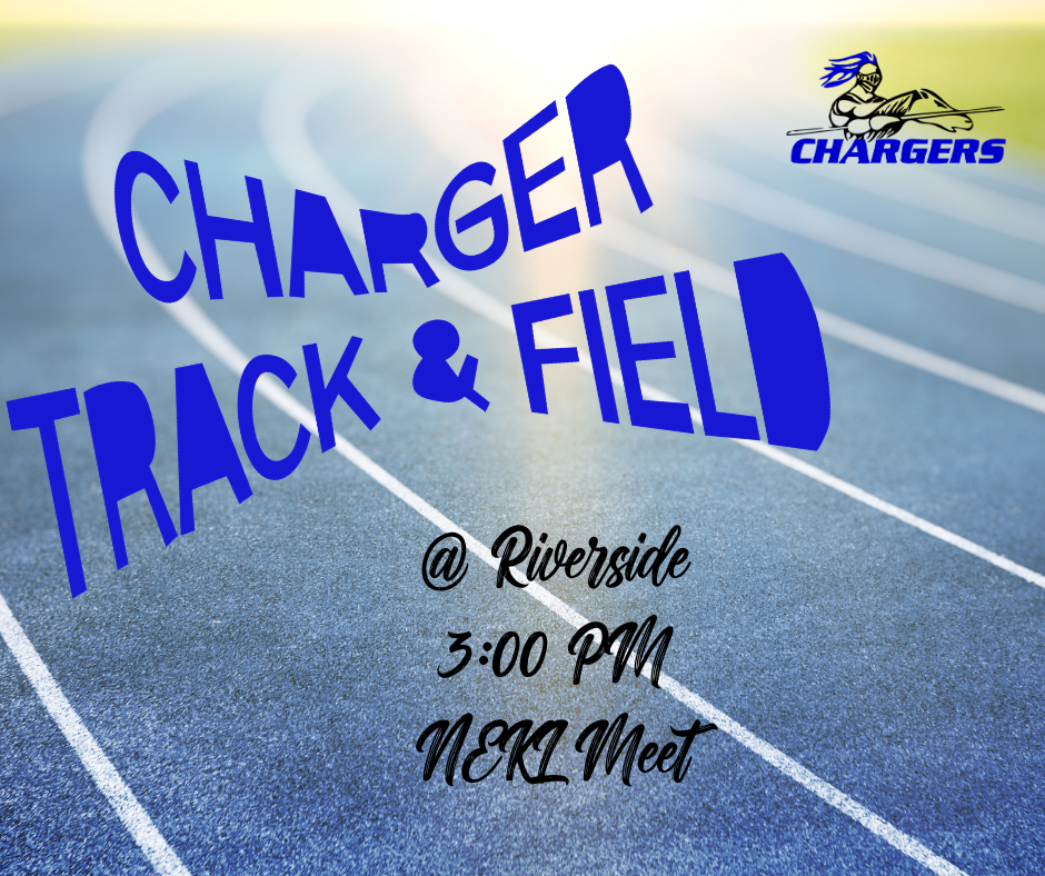 A blue track field with "CHARGER TRACK & FIELD" and "Riverside 3:00 PM MERL Meet" written on it.