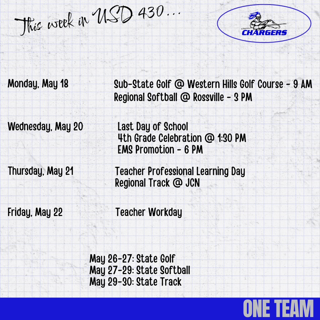 A schedule shows events from May 18 to May 30. Blue border on the right side.