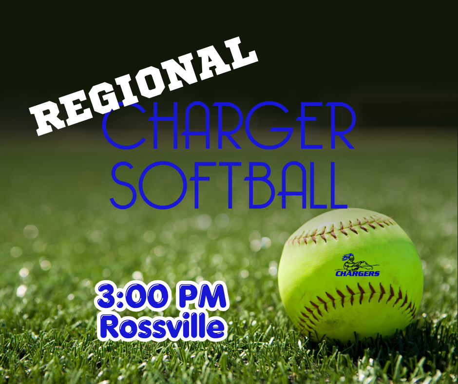 A softball on green grass. Text reads "Regional Charger Softball" and "3:00 PM Rossville" with a logo on the ball.