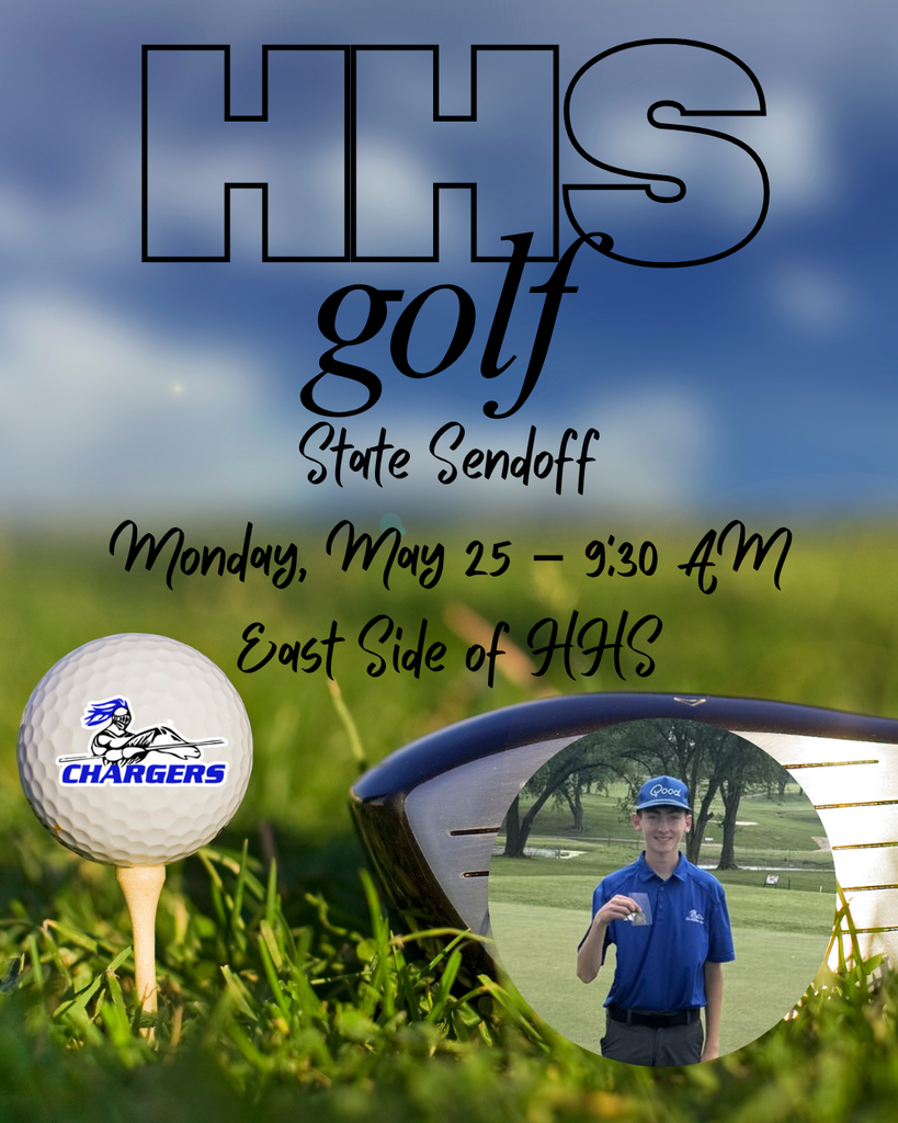An event poster features a golfer and a club. It includes "HHS Golf State Sendoff" text, a golfer photo, and details like date, time, and location.