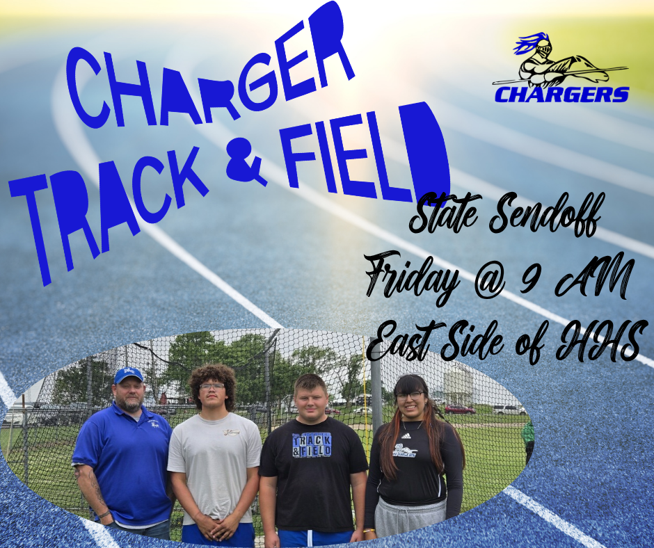 Four people stand on a track with blue and white lines. Text reads "Charger Track & Field".