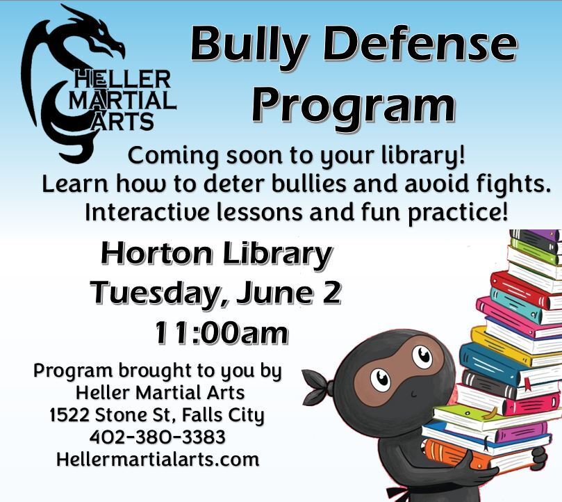 Poster with blue background promoting a Bully Defense Program. A ninja holds books. Text reads "Learn how to deter bullies and avoid fights."