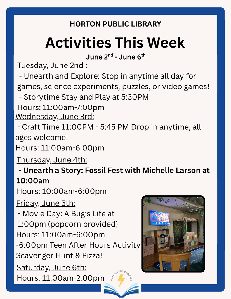 White background. A blue and white poster lists activities for the week. Each activity includes a date, time, and description.
