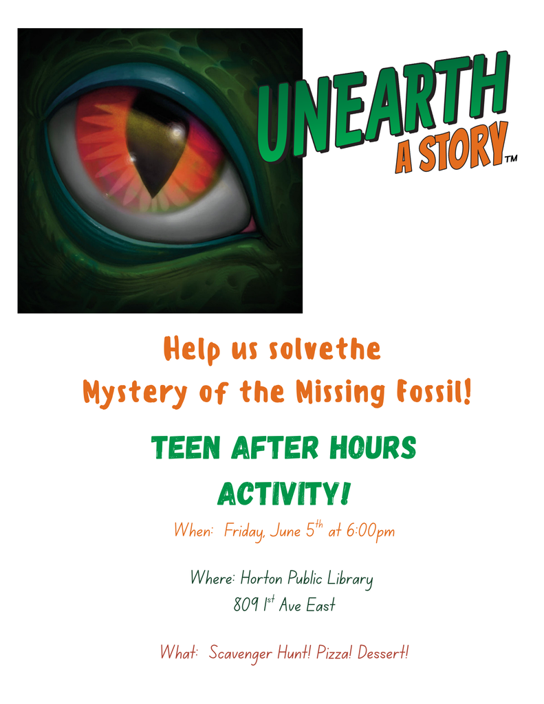 A poster shows a close-up of an eye with red and orange details. Text reads "Unearth a Story" and details about a teen activity.