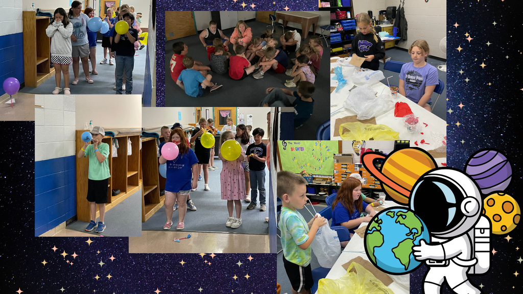 Collage of children in a classroom, engaging in activities like making crafts and holding balloons. A space-themed astronaut is also featured.