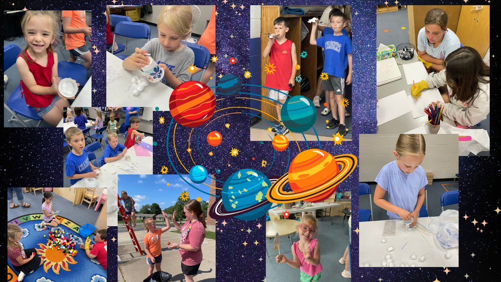 A collage of children engaging in art activities, including drawing and painting, with planets and stars in the background.