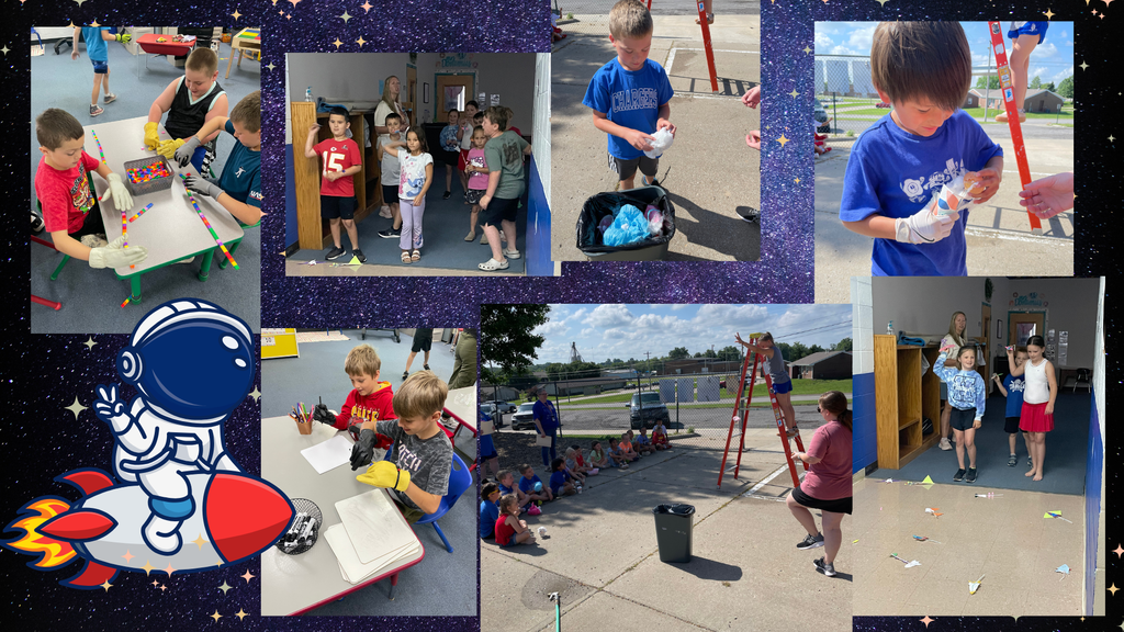 Collage of photos shows children engaged in activities, including crafts, cleaning, and walking. Background is black with stars.