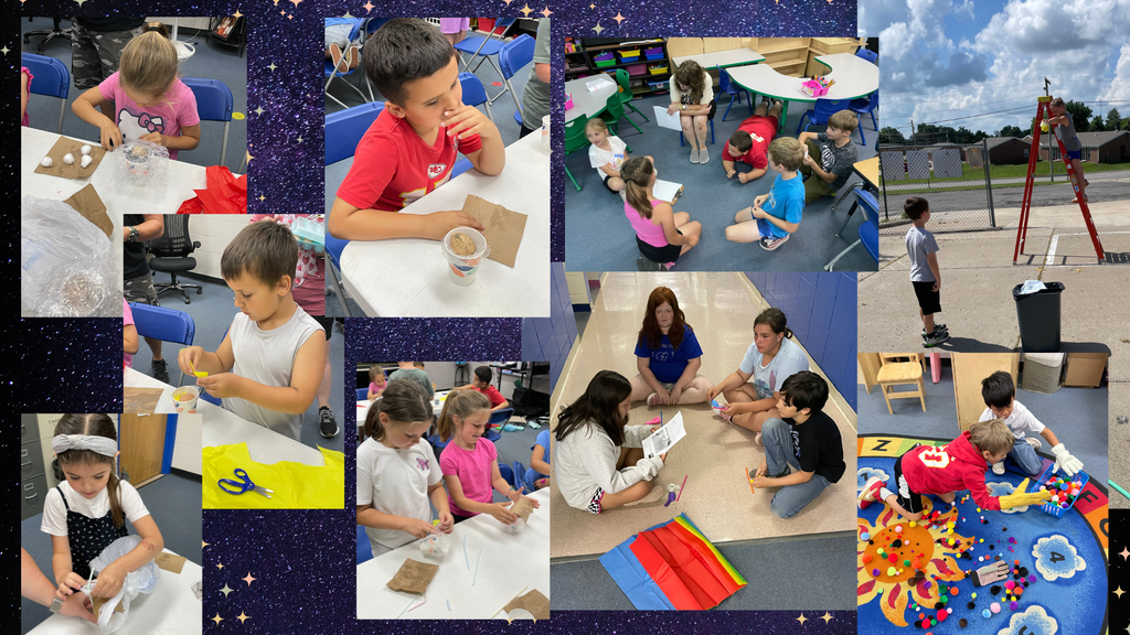 Collage of children in a classroom setting. They are seated, standing, and doing activities. One child is holding scissors.