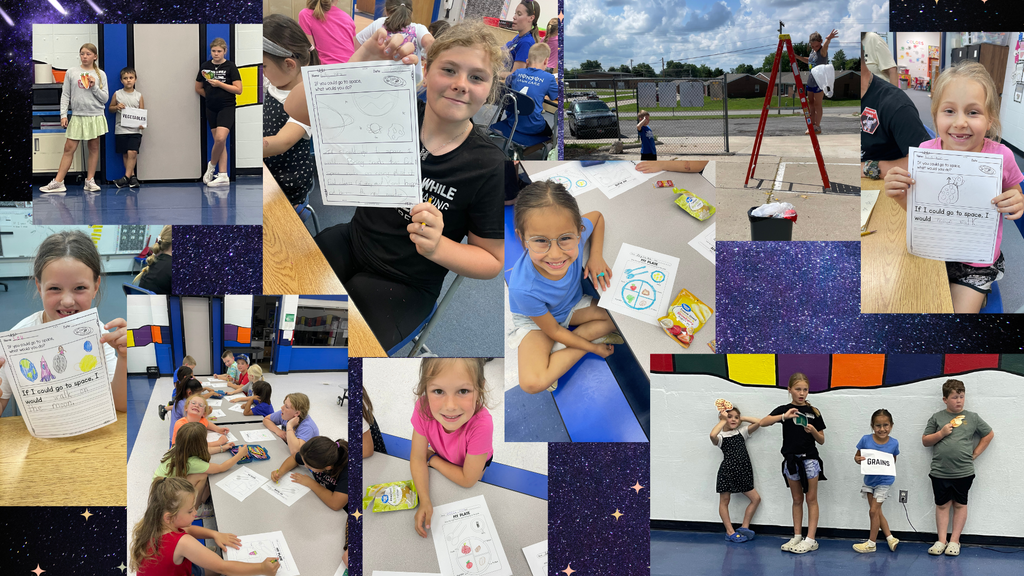 A collage of children holding papers and participating in an activity, some seated and others standing, in a room.