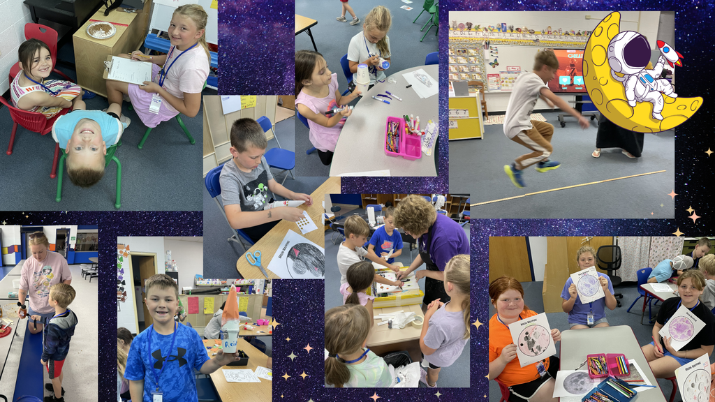 A collage of children in a classroom. They are seated at tables, working on crafts, and standing around.