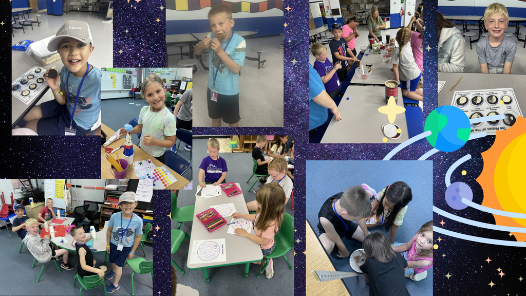 Multiple photos of children in a classroom. One child speaks to a group. Some children work at tables.