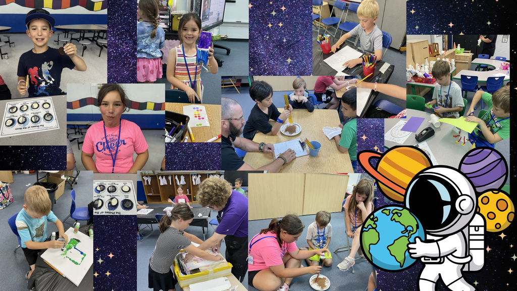 A collage of children in a classroom. Activities include reading, writing, and an adult reading to children.