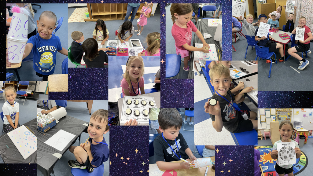 A collage of children working on art projects in a classroom, one holding a medal, another holding up a sign.