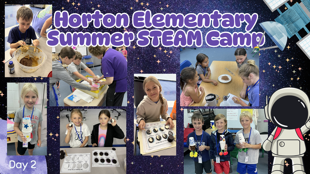 A collage of kids wearing name tags at a school's summer STEAM camp, with space background.