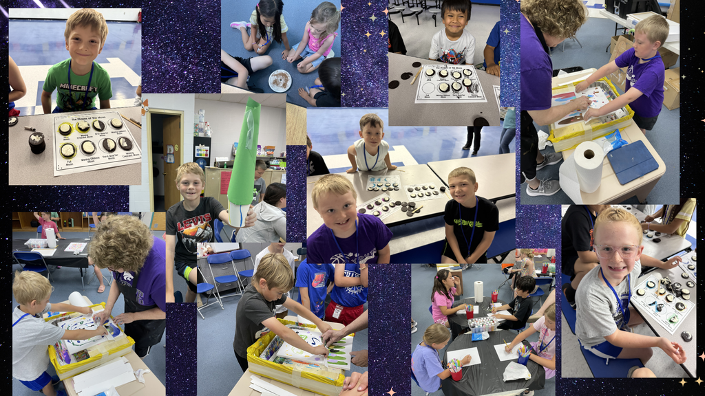 Multiple photos of children in a classroom, some engaged in activities, others in casual poses. Backgrounds include tables and classroom walls.