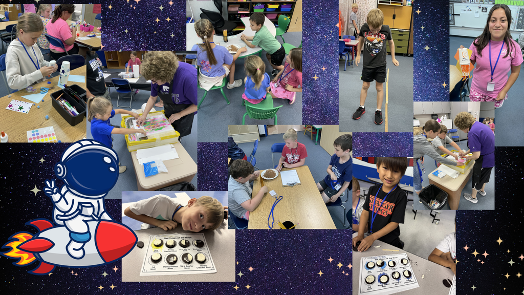 Collage of photos with children in a classroom setting. Activities include crafts and eating. Background is a dark space with stars.