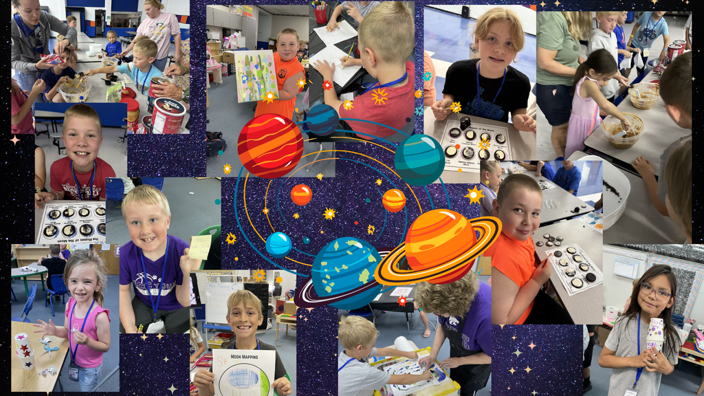 Collage of children in a classroom. Some are engaged in art projects. Planets are prominently displayed.