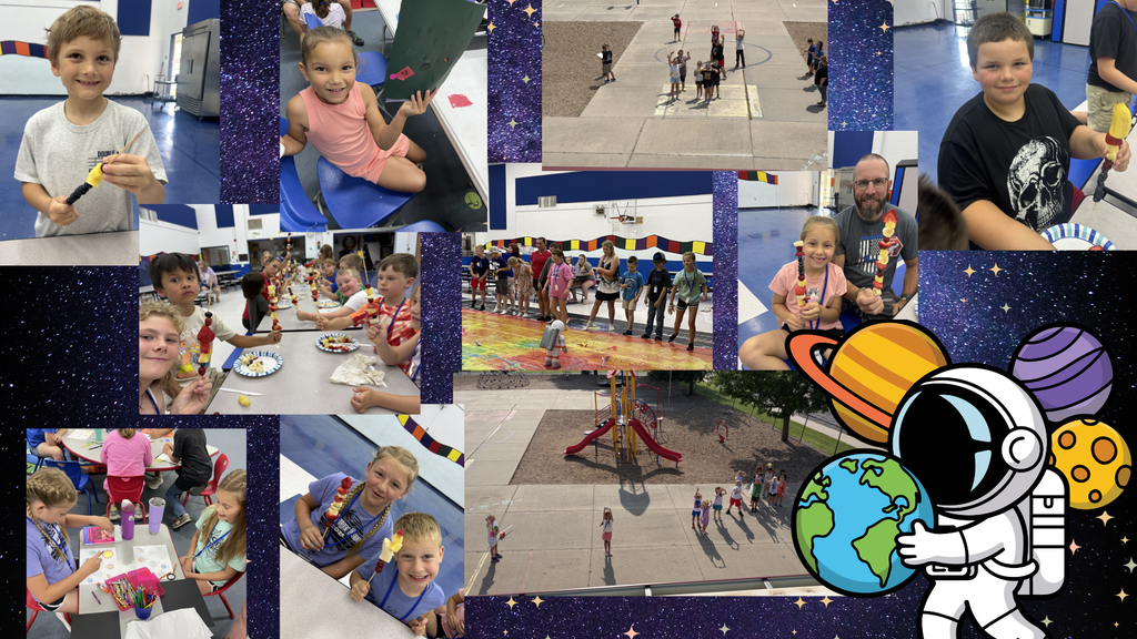 Multiple photos of children in a gym. Some are painting while others are playing on playground equipment.