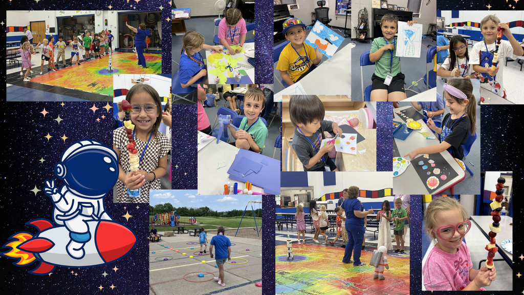 Collage of children engaged in various activities, including art, playing outdoors, and running, set against a space-themed background.