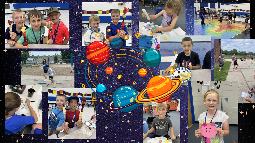 A collage of photos with children participating in a science-themed event, featuring various activities and a central illustration of planets.