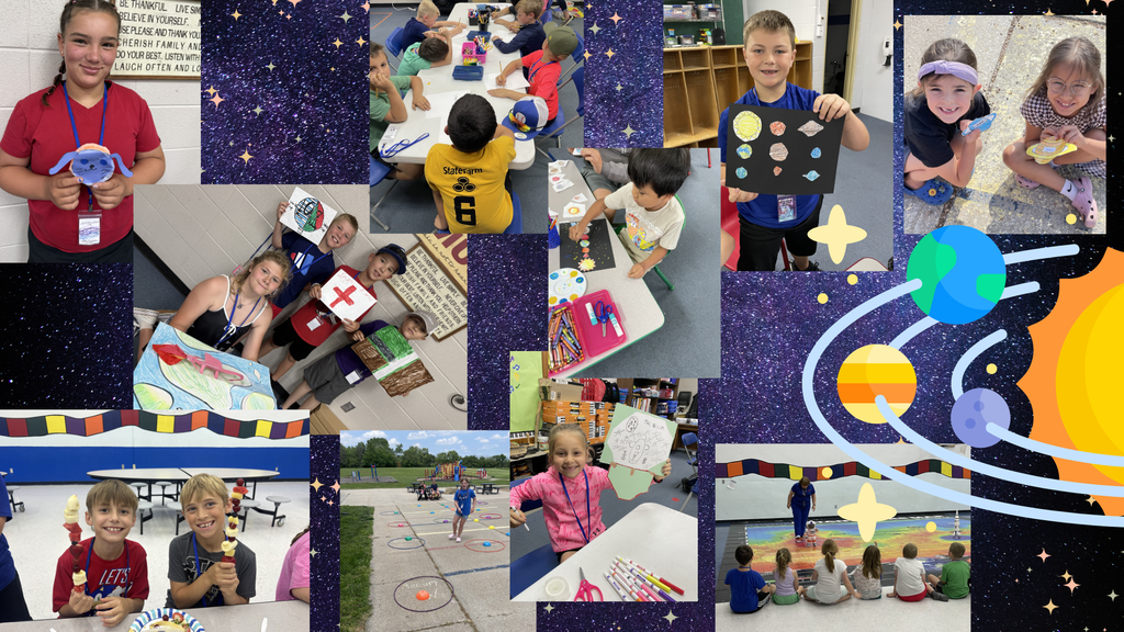 Collage of multiple photos with children engaging in educational activities, one holding a solar system project.