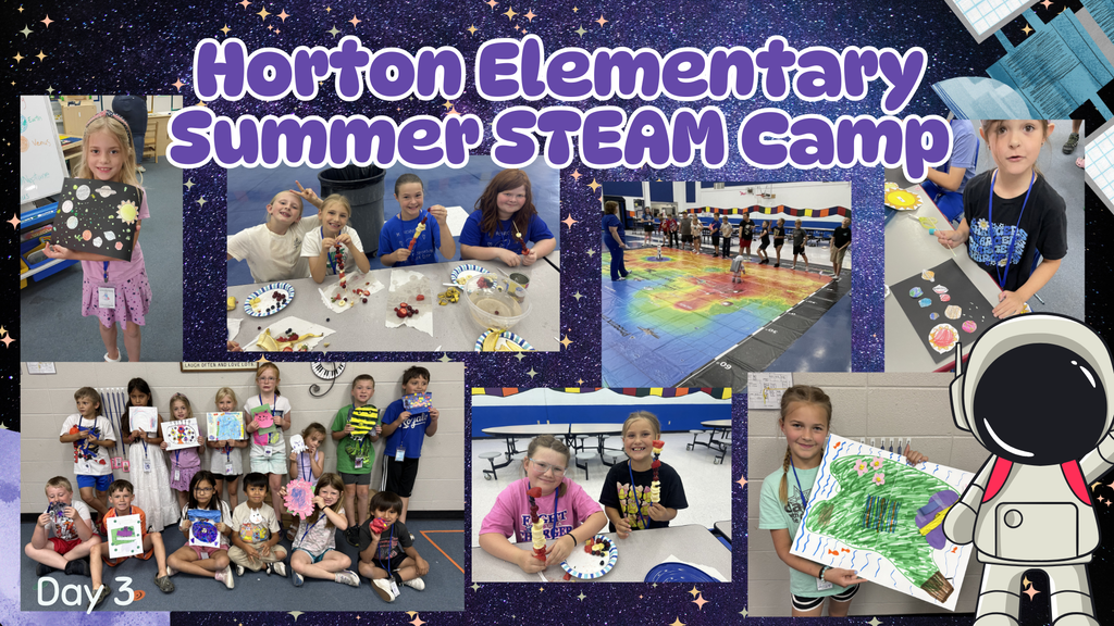 Collage of children at the Horton Elementary Summer STEAM Camp on day 3, showcasing activities and projects.