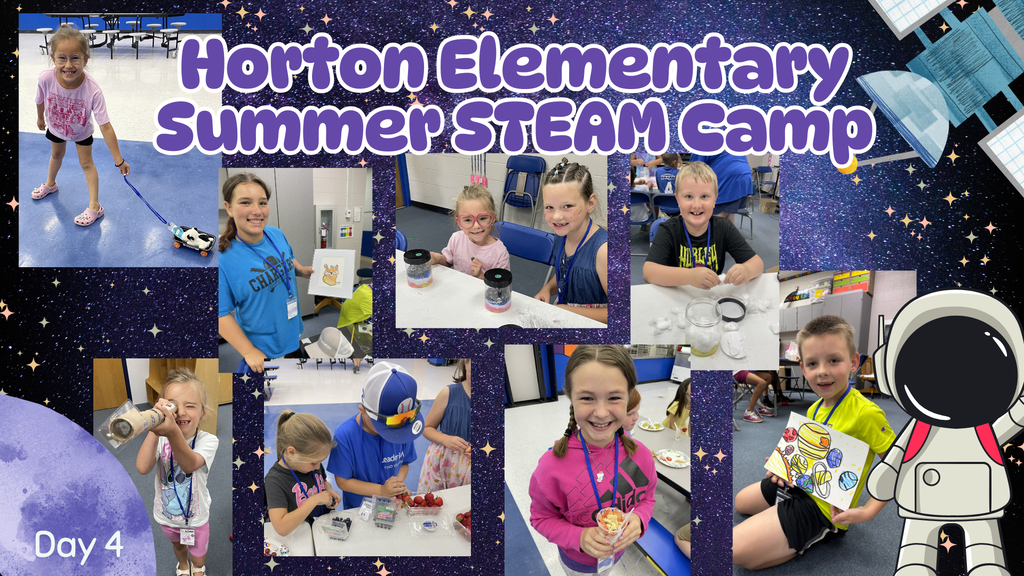 Collage of children engaged in activities at a summer camp. Various photos include children playing, working at tables, and holding awards.
