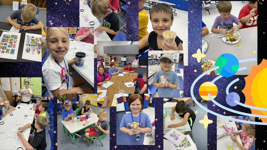 Collage of children in a classroom engaged in various activities, including drawing, eating, and playing. Background includes stars and planets.